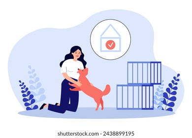 Girl taking dog from shelter vector illustration. Stray dog finding owner and home. Dog kennel with checkmark icon. Stray dog rescue concept