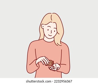 girl taking drugs pills. Hand drawn style vector design illustrations.