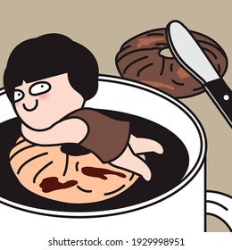 Girl Taking An Early Morning Swim In A Cup Of Black Coffee Concept Card Character illustration