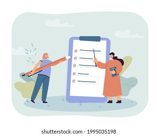 Girl taking exam or doing test. Female character with huge pen, teacher pointing at questions flat vector illustration. Education, school, university concept for banner, website design or landing page