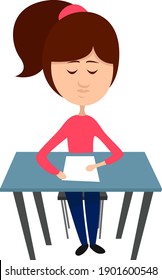 Girl taking exam, illustration, vector on a white background.
