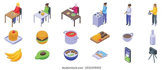 Mädchen, die Essen Foto Icons Set. Dieses isometrische Set zeigt Menschen, die kochen, essen und Fotos von Lebensmitteln machen