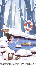 Girl taking a hot spring bath in the snow