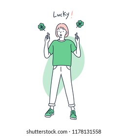 A girl is taking a lucky gesture with her finger. hand drawn style vector design illustrations.