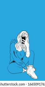 girl taking mirror selfie for social media simple hand drawn design style minimal vector illustration