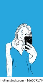 girl taking mirror selfie for social media simple hand drawn design style minimal vector illustration