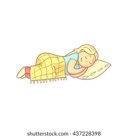 Girl Taking A Nap In Bed Flat Outlined Pale Color Funny Hand Drawn Vector Illustration Isolated On White Background