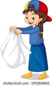 Girl taking off her coat cartoon character illustration