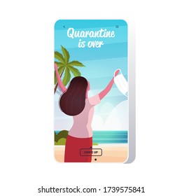 girl taking off medical mask coronavirus quarantine is ending victory over covid-19 concept summer vacation on tropical beach smartphone screen mobile app rear view portrait vector illustration