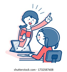Girl taking online lessons / tablet / Two colors