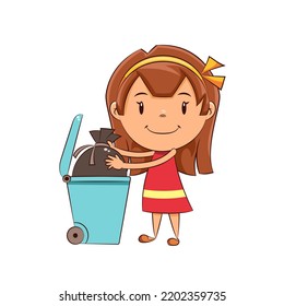 Girl taking out trash, happy cute child