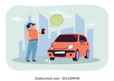 Girl taking photo of damaged car flat vector illustration. Woman getting into accident, smashing headlight, texting to insurance officers. Transport incident concept