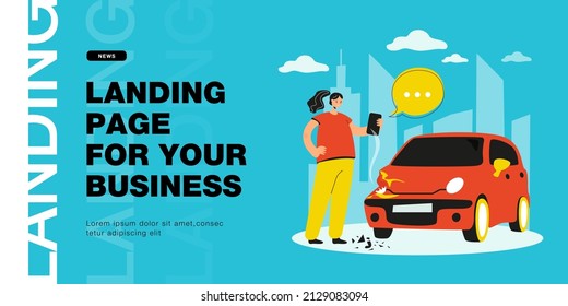 Girl taking photo of damaged car flat vector illustration. Woman getting into accident, smashing headlight, texting to insurance officers. Transport incident concept