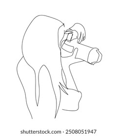 A girl taking photo with her camera. One line continuous. Vector illustration. Photographer with a camera takes pictures outdoors. Continuous line drawing of a black outline of a journalist.