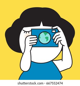 Girl Is Taking A Photo Picture Image Of The Earth Concept Card Character illustration