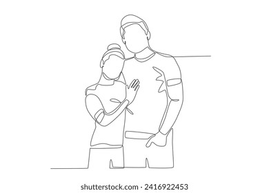 A girl is taking a photo while holding her boyfriend's chest. Couple one-line drawing