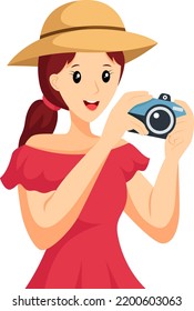Girl Taking Photo While Traveling Character Design Illustration