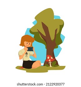 Girl taking picture of mushroom with her phone, flat vector illustration isolated on white background. Cartoon character of child with mobile camera photographing environment and nature.