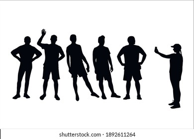 girl taking pictures by phone of a group of men in shorts, vector silhouettes