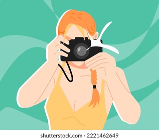 Girl Is Taking Pictures With Camera. Camera Flash. Concept Of Photography, Hobbies, Paparazzi, Travel, Etc. Flat Vector Illustration