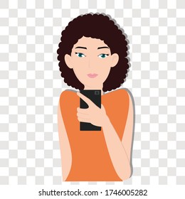 Girl is taking pictures of herself on the phone concept on transparency background. Creative idea design. Flat vector illustration for template, brochure or presentation.