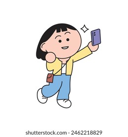 a girl is taking self pictures with cute pose. cartoon style character illustration. 