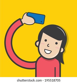 Girl taking a self portrait with smart phone - vector 