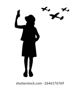 Girl Taking Selfie with Flying Air planes Silhouette - Childhood, Dreams, Technology