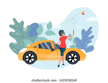 Girl Taking Selfie In Front Of Luxury Car. Flat Vector Illustration.