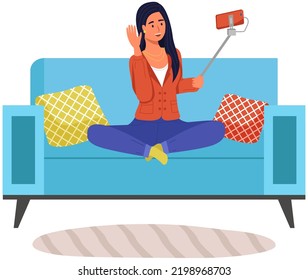 Girl taking selfie. Happy smiling woman with smartphone making photo sitting on couch at home and talking, communicating by video call. Fashion selfie, posing for picture, photography modern gadget