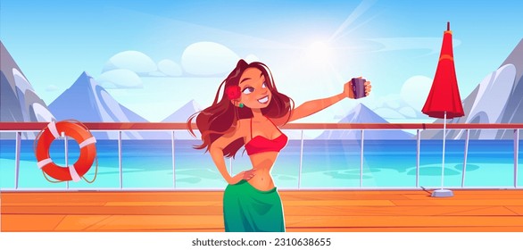 Girl taking selfie with mountain sea view on cruise ship deck terrace cartoon background. Woman shoot photo on wooden embankment with nautical north nature. Calm ocean water and marine skyline scene