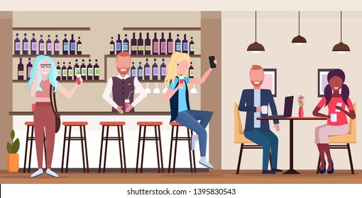 girl taking selfie photo on smartphone camera mix race people relaxing in bar drinking cocktails barman and waitress serving clients modern cafe interior flat horizontal full length