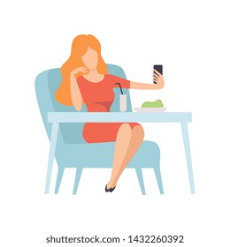 Girl Taking Selfie Photo on Smartphone While Sitting in Cafe or Restaurant, Young Woman Making Photo or Video for Social Media Using Modern Gadget Vector Illustration