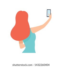 Girl Taking Selfie Photo on Smartphone, Young Woman Making Photo or Video for Social Media Using Modern Gadget, View from Behind Vector Illustration