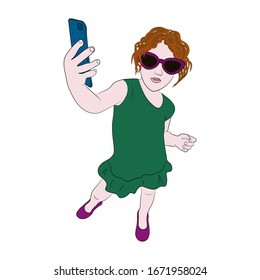 Girl taking a selfie photo on smartphone. Selfie photos in social networks. Pop art vector illustration.