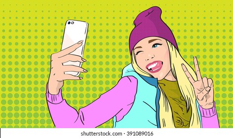 Girl Taking Selfie Photo On Smart Phone Show Two Finger Peace Gesture Victory Woman Wear Hat Vest Pop Art Colorful Retro Style Vector Illustration