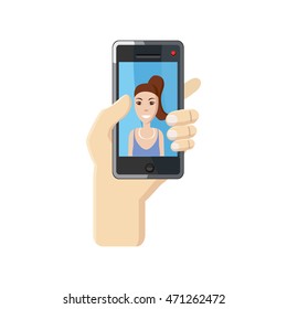 Girl taking selfie photo on smartphone icon in cartoon style on a white background