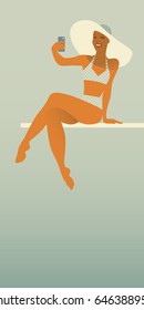 Girl taking a selfie in the pool. Retro style. Vector Illustration