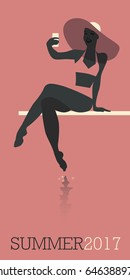 Girl taking a selfie in the pool. Retro style. Vector Illustration