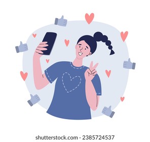 Una chica se toma un selfie con un smartphone y hace un gesto de paz. Dependencia de medios sociales y adicción a la aprobación. Ilustración vectorial plana del trastorno mental