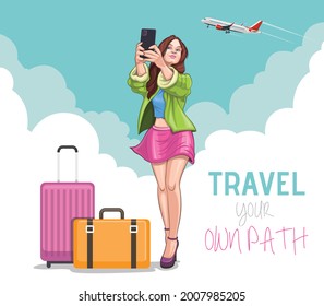 Girl taking selfie and trolley bags   back side take off airplane in the clouds    caption is  travel your own path 