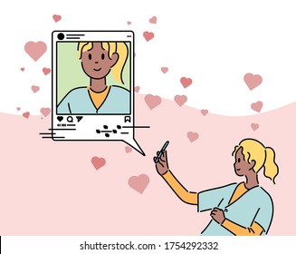 A girl is taking a selfie and uploading it to a social network. hand drawn style vector design illustrations. 