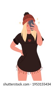 Niña tomando un selfie. Ilustración de dibujos animados planos vectores sobre fondo blanco.