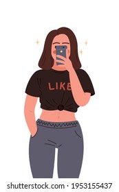 Niña tomando un selfie. Ilustración de dibujos animados planos vectores sobre fondo blanco.