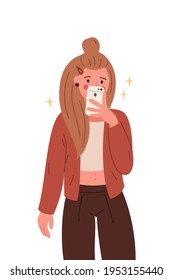 Girl taking a selfie. Vector flat cartoon illustration on white background.