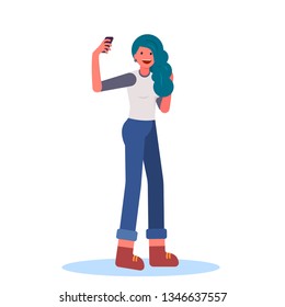 Girl taking selfie vector illustration. Young female character dressed in jeans and baseball shirt smiling and holding smartphone. Blue haired woman isolated on white background.