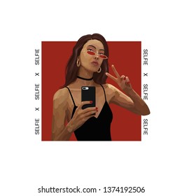 Girl taking selfie vector illustration on dark red background. Template for t-shirt printing design with selfie slogan.