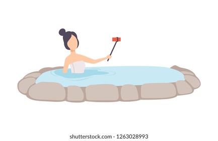 Girl taking selfie while enjoying outdoor thermal spring, young woman relaxing in hot water in bath tub vector Illustration on a white background