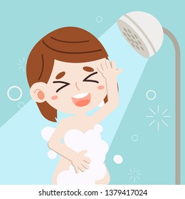 The Girl taking shower in flat vector style. Illustration about shower
for background, graphic,content , banner, sticker.