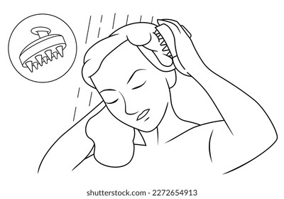 Girl taking a shower and using a scalp massager brush. Vector Illustration.